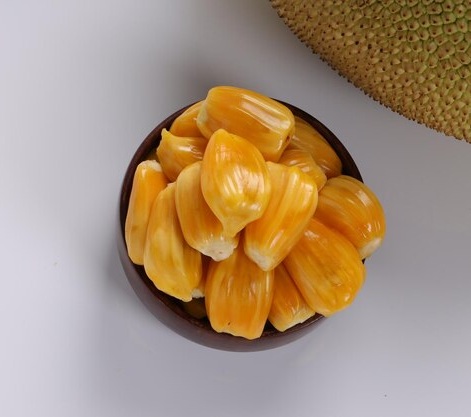 Large spiky green jackfruit hanging from a tree with yellow flesh visible